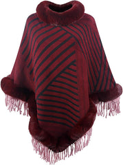 Women Faux Fur Collar Shawl Wraps Fringed Cardigan Cloak Coat Knitted Winter Capes Mock Neck Stripe Fashion Shawl
