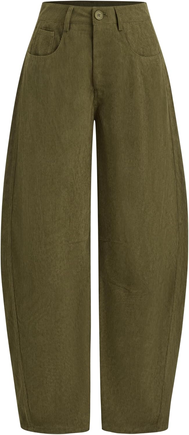 CIDER Corduroy Pants Women Barrel Leg Trousers Mid Waist Pocket Casual Solid Long Pants Wide Leg Trendy