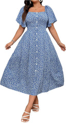 Verdusa Women's Plus Size Boho Floral Button Down Flowy Dresses Vacation Ruffle Sleeve Long Dress