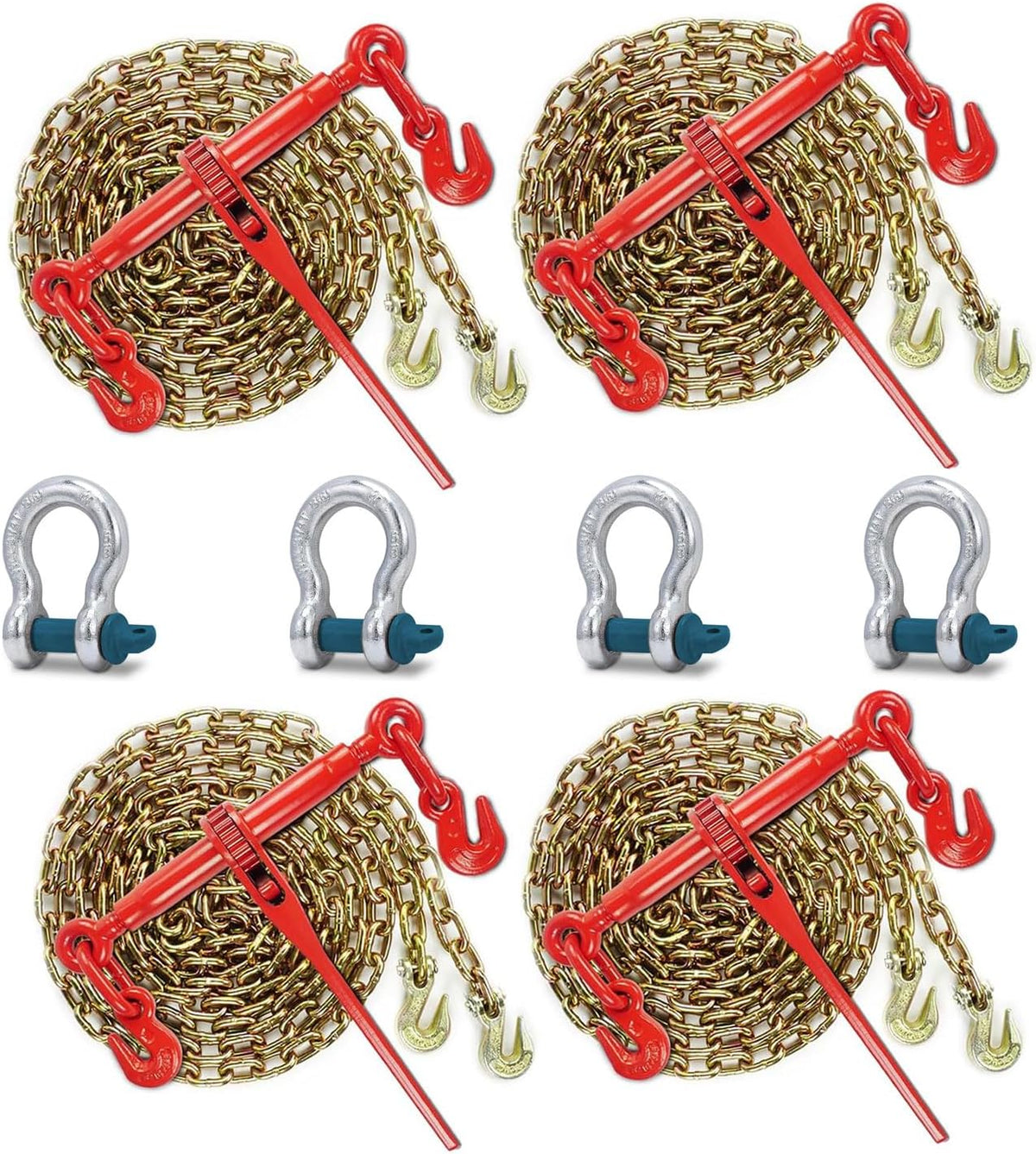 3/8''-1/2'' Ratchet Load Binder and 3/8''x10ft Chains, Chain Binder with 9,200 Lbs. Safe Working Load, 3/8'' Tow Chain with 2 G70 Grab Hooks, for Tie Down Truck, Flatbed Trailers(4 Pcs)