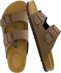 CUSHIONAIRE Lane Cork Footbed Mens Sandals, Adjustable Buckle Comfort Slides for Men, Genuine Leather Insole Summer Sandals Men Footwear