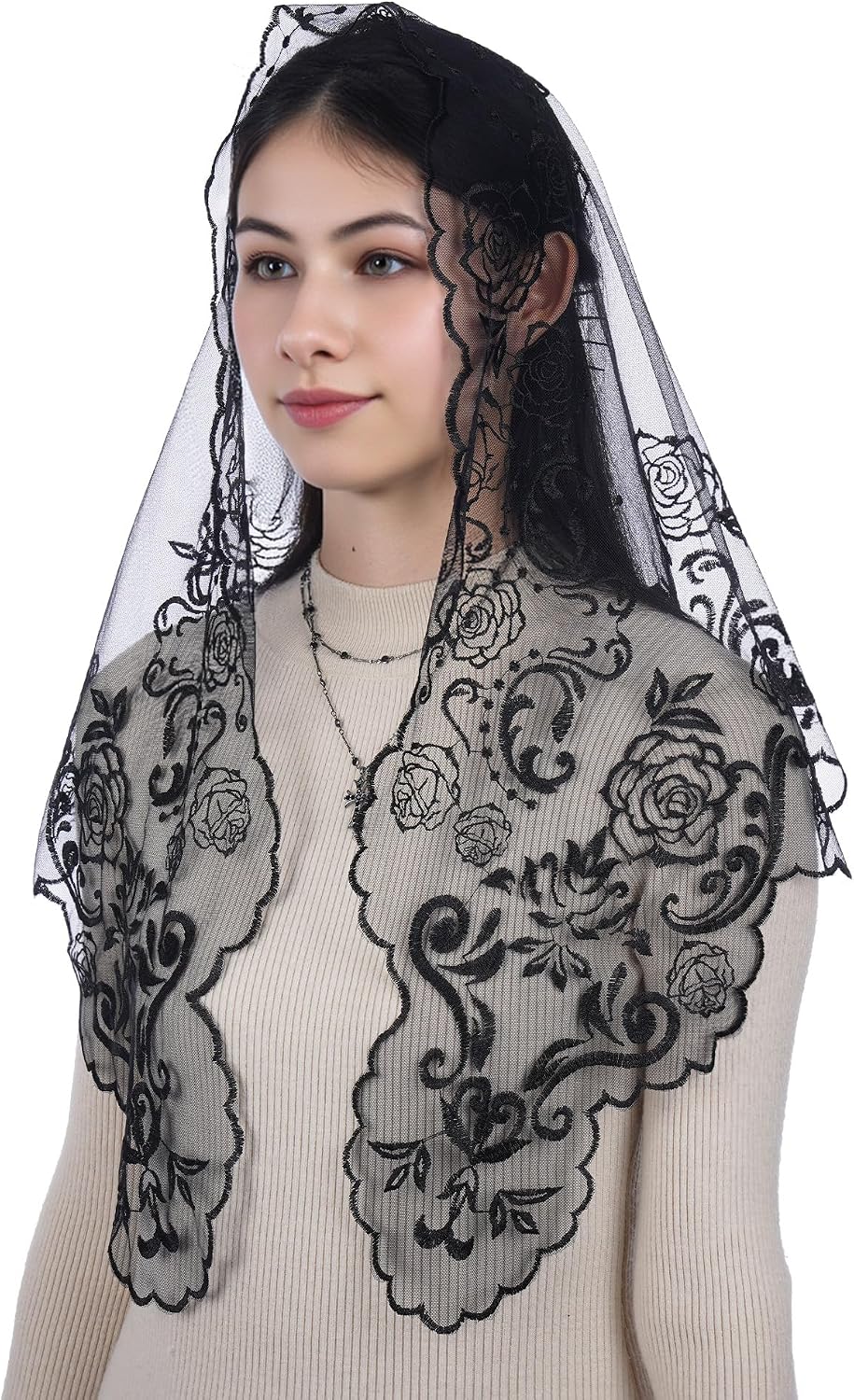 Bozidol Church Catholic Veils for Women, Triangle Virgin Mary Lace Mantilla Chapel Veil, Latin Mass Head Coverings with Clips