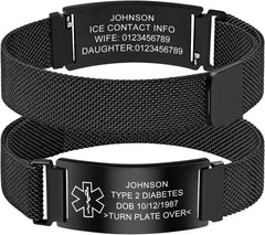 Personalized Medical Info Bracelet with Laser-Engraved Tag and Adjustable Milanese Mesh Band in Premium Stainless Steel, Custom Safety Gift for Men and Women