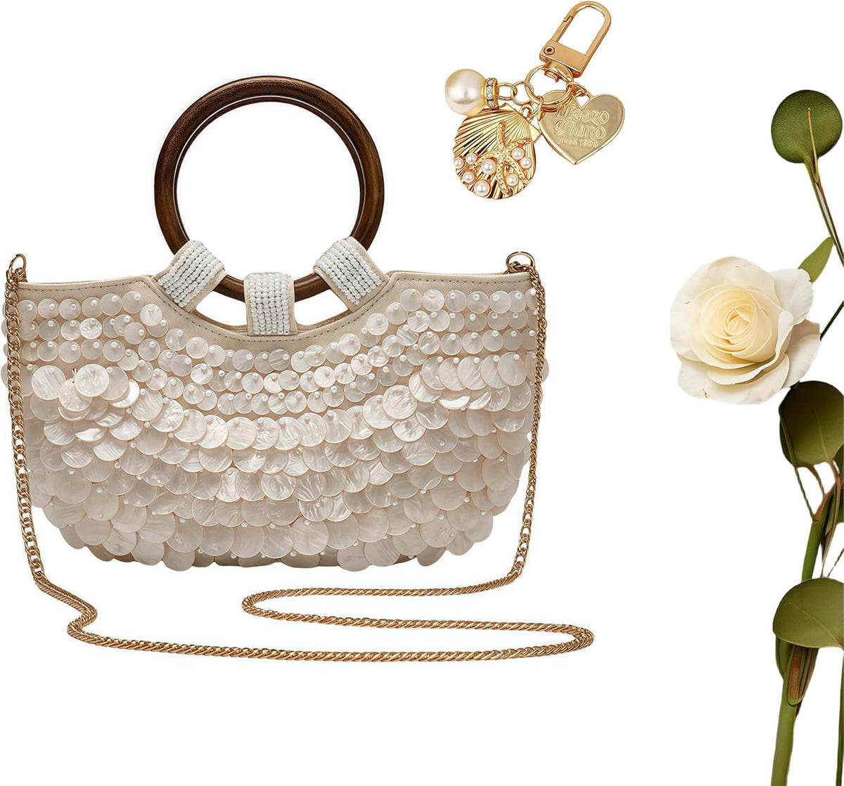 Summer Beaded Shell Purse，Handmade Seashell Bag Tote Handle Bag for Women Evening Handbag for Party Wedding Beach Vacation