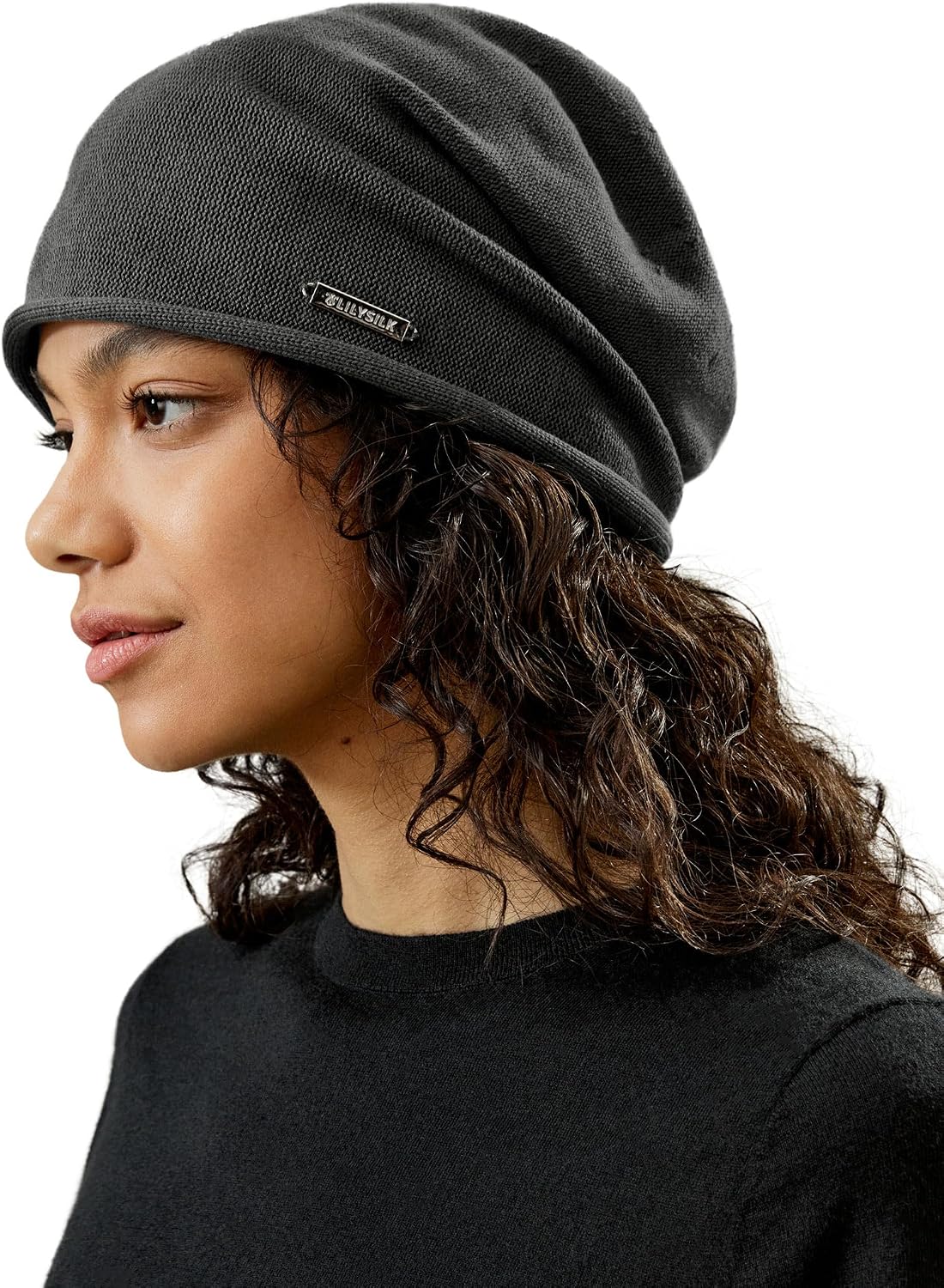 LilySilk Silk Knitted Slouchy Beanie Breathable Curly Hair Thin Women Men Stretch Skull Cap Slap Soft Comfortable