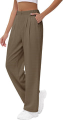 Women's Wide Leg Stretchy Pants - 29'' 31'' Waffle Knit High Waisted Teacher Business Casual Work Pleated Trousers