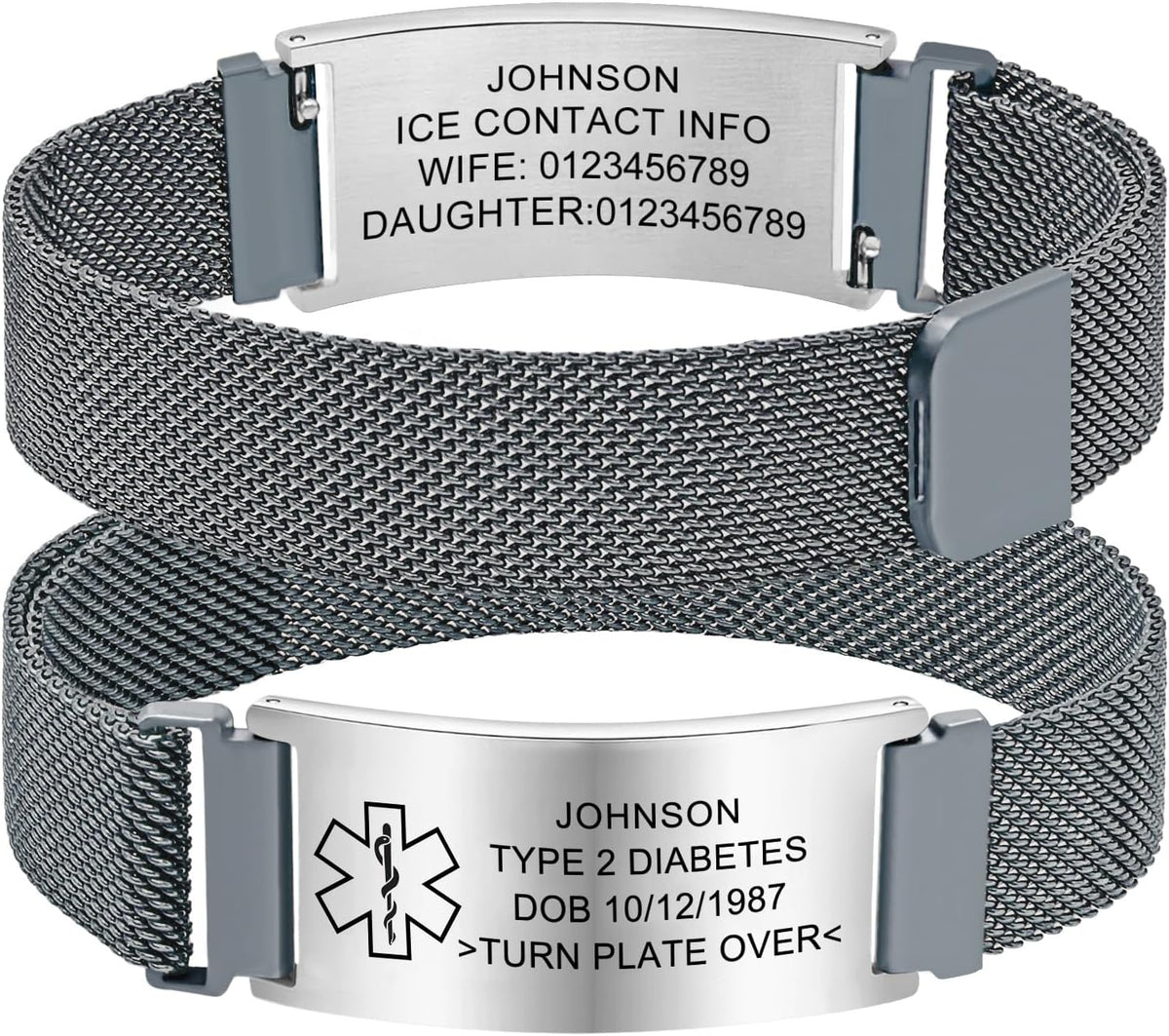 Personalized Medical Info Bracelet with Laser-Engraved Tag and Adjustable Milanese Mesh Band in Premium Stainless Steel, Custom Safety Gift for Men and Women