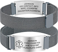 Personalized Medical Info Bracelet with Laser-Engraved Tag and Adjustable Milanese Mesh Band in Premium Stainless Steel, Custom Safety Gift for Men and Women