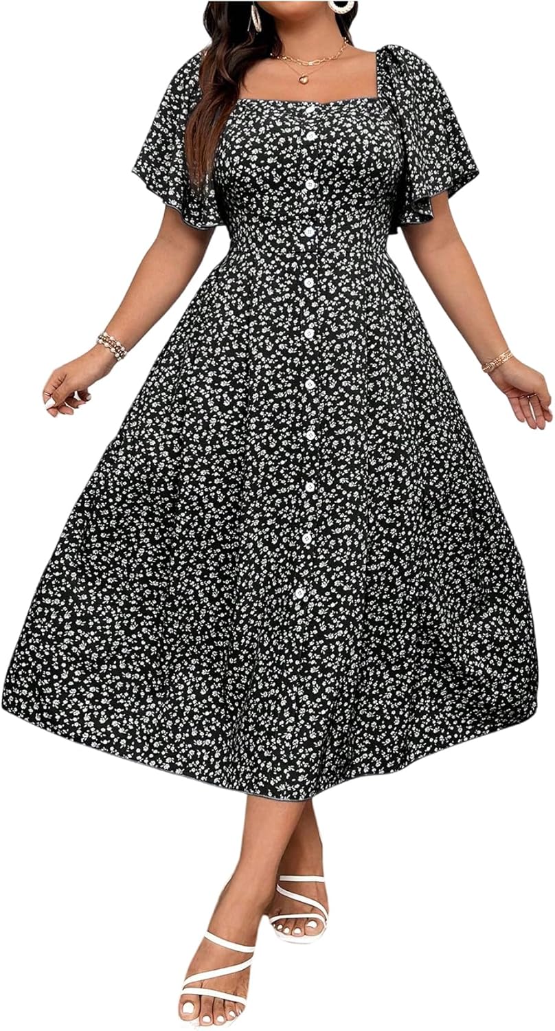 Verdusa Women's Plus Size Boho Floral Button Down Flowy Dresses Vacation Ruffle Sleeve Long Dress