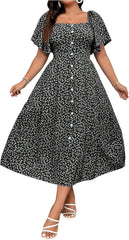 Verdusa Women's Plus Size Boho Floral Button Down Flowy Dresses Vacation Ruffle Sleeve Long Dress