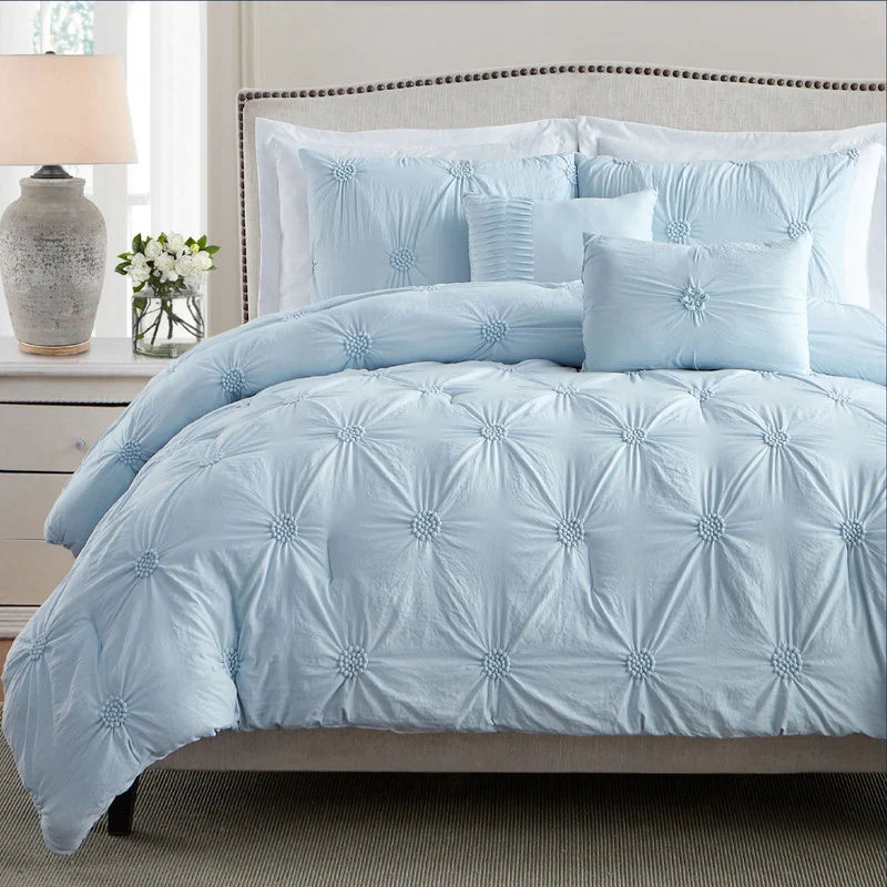 Home Essential Stylish Extra Plush Ultra Soft 3D Hand Embroidered Floral Pintuck Bedding Comforter Set