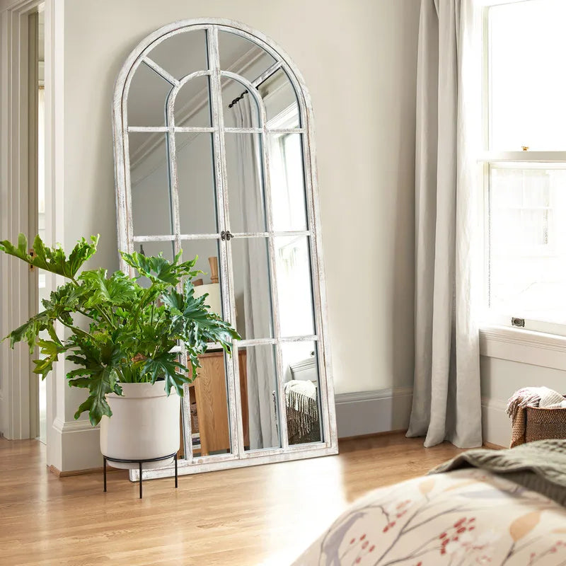Classic Arched Solid Wood Solid Wood Window Pane Full Length Mirror Arched Top Rectangle Freestanding - 71"x31"