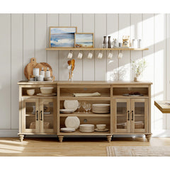 Buffet Cabinet with Glass Doors, Oak Kitchen Cabinet with Storages