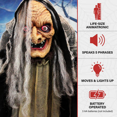 Haunted Hill Farm 5.3-Ft. Life-Size Talking Animatronic Witch with Red Eyes