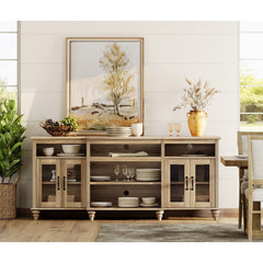 Buffet Cabinet with Glass Doors, Oak Kitchen Cabinet with Storages