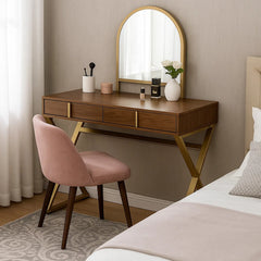 50 Inch Classic Arched Mirror Vanity Desk, Wood, X Metal Frame, Brown, Gold