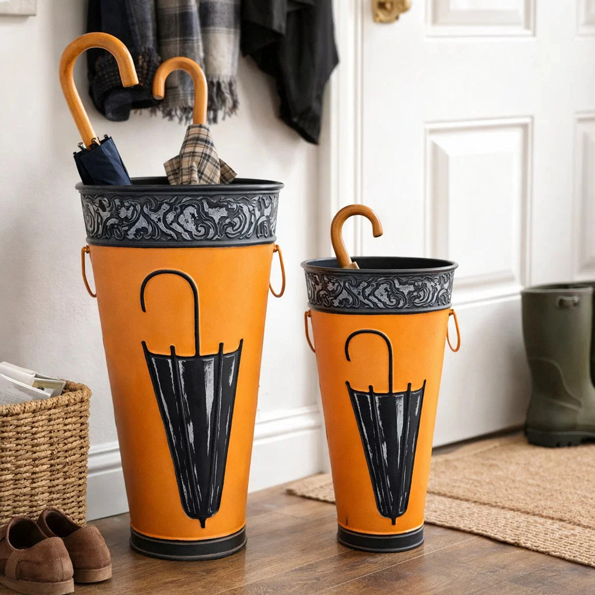 21, 16 Inch Metal Umbrella Stands, Engraved Artwork, Set of 2, Antique Brown, Black