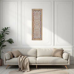 Rectangular Mango Wood Wall Panel Hand Crafted With Intricate Carving, White and Brown